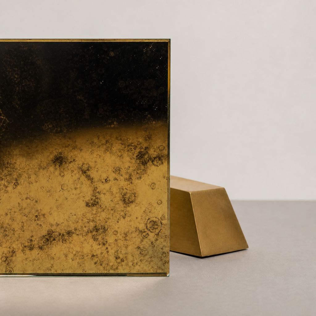 Lustro antyczne złote — fotografia próbki szkła METAL LAB
